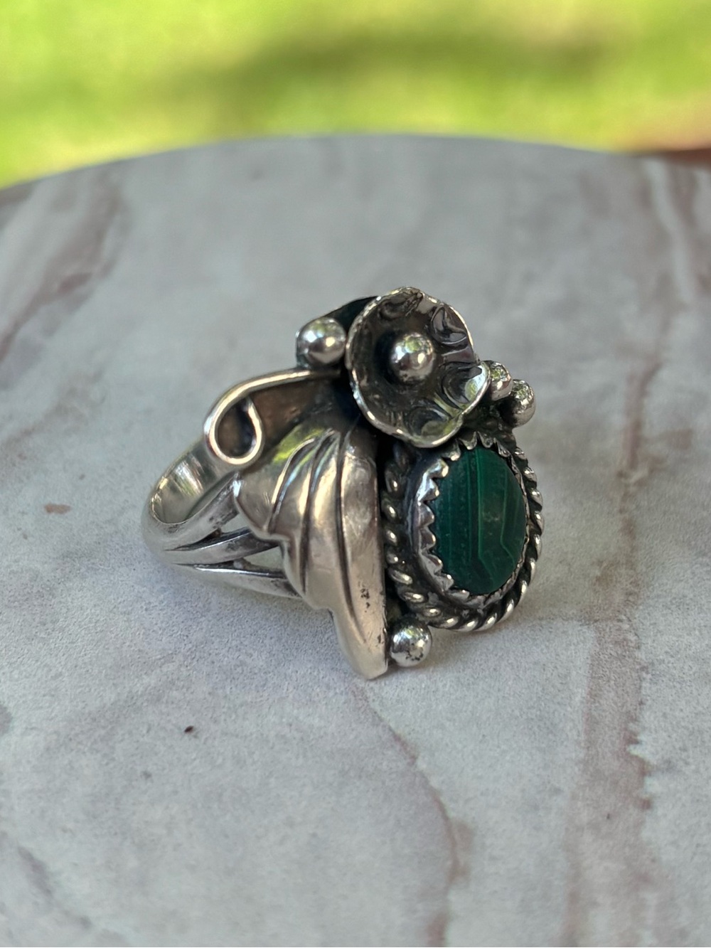 Vintage Sterling Silver Malachite Ring Size 6.5 Southwest Floral Leaf Fine 5g - Picture 9 of 10